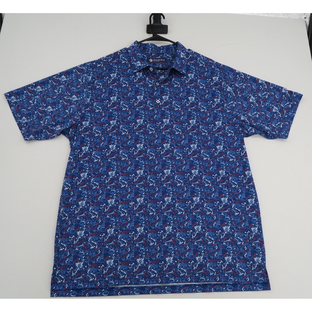 Donald Ross‎ Sportswear Mens Large Blue Red White Paint Splatter Golf Polo Shirt